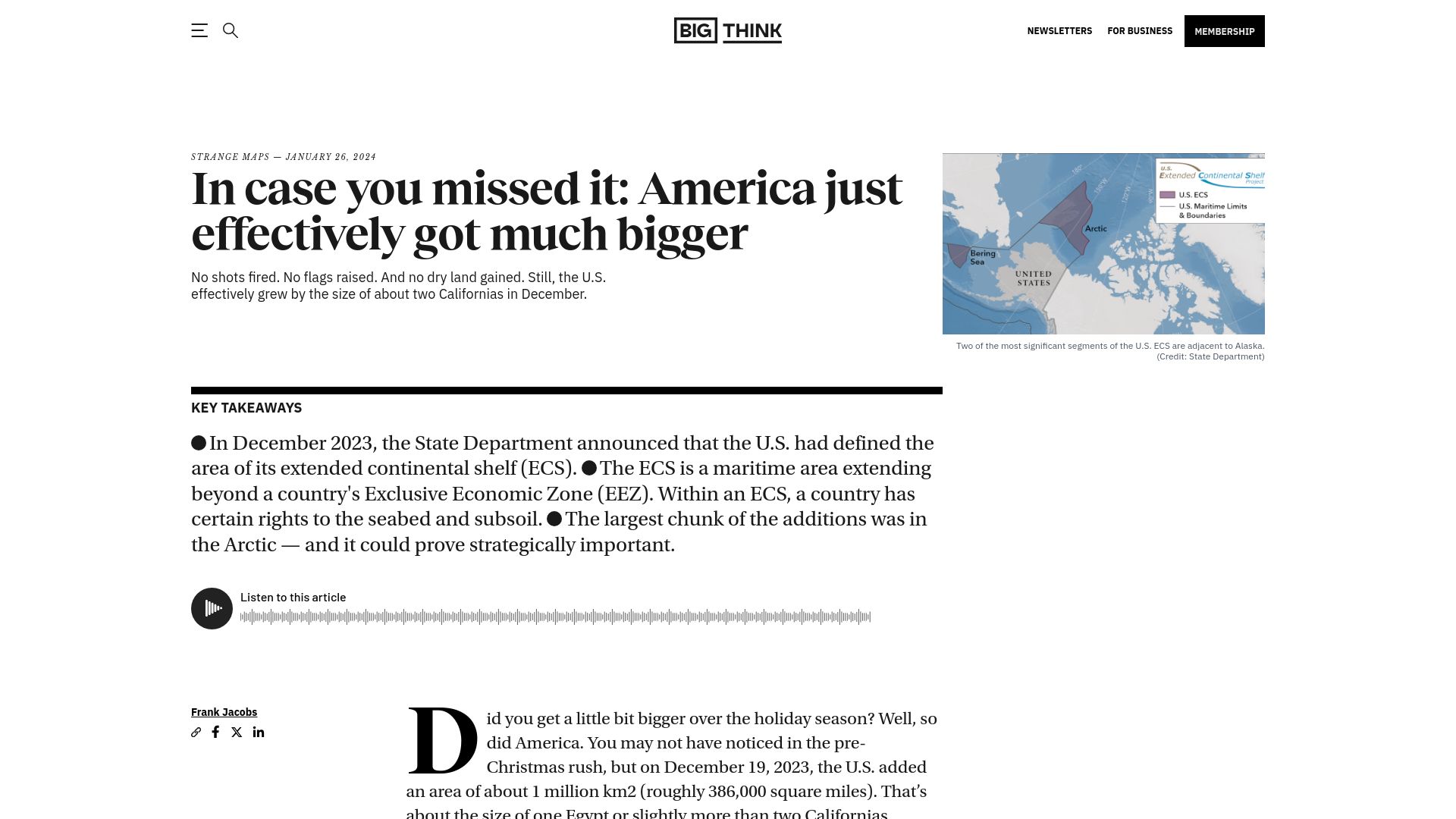 Screenshot of bigthink.com: In case you missed it: America got much bigger continental shelf