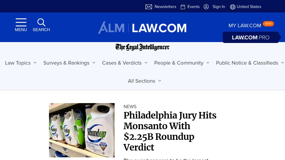 Screenshot of law.com: Philadelphia Jury Hits Monsanto with $2.25B Roundup Verdict