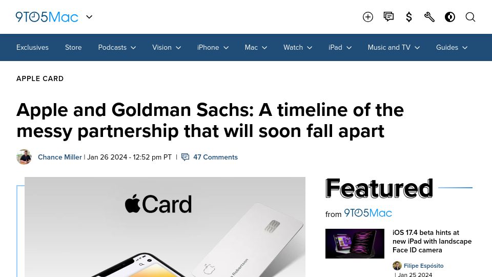 Screenshot of 9to5mac.com: Apple and Goldman Sachs: A timeline of the messy partnership that will soon fall