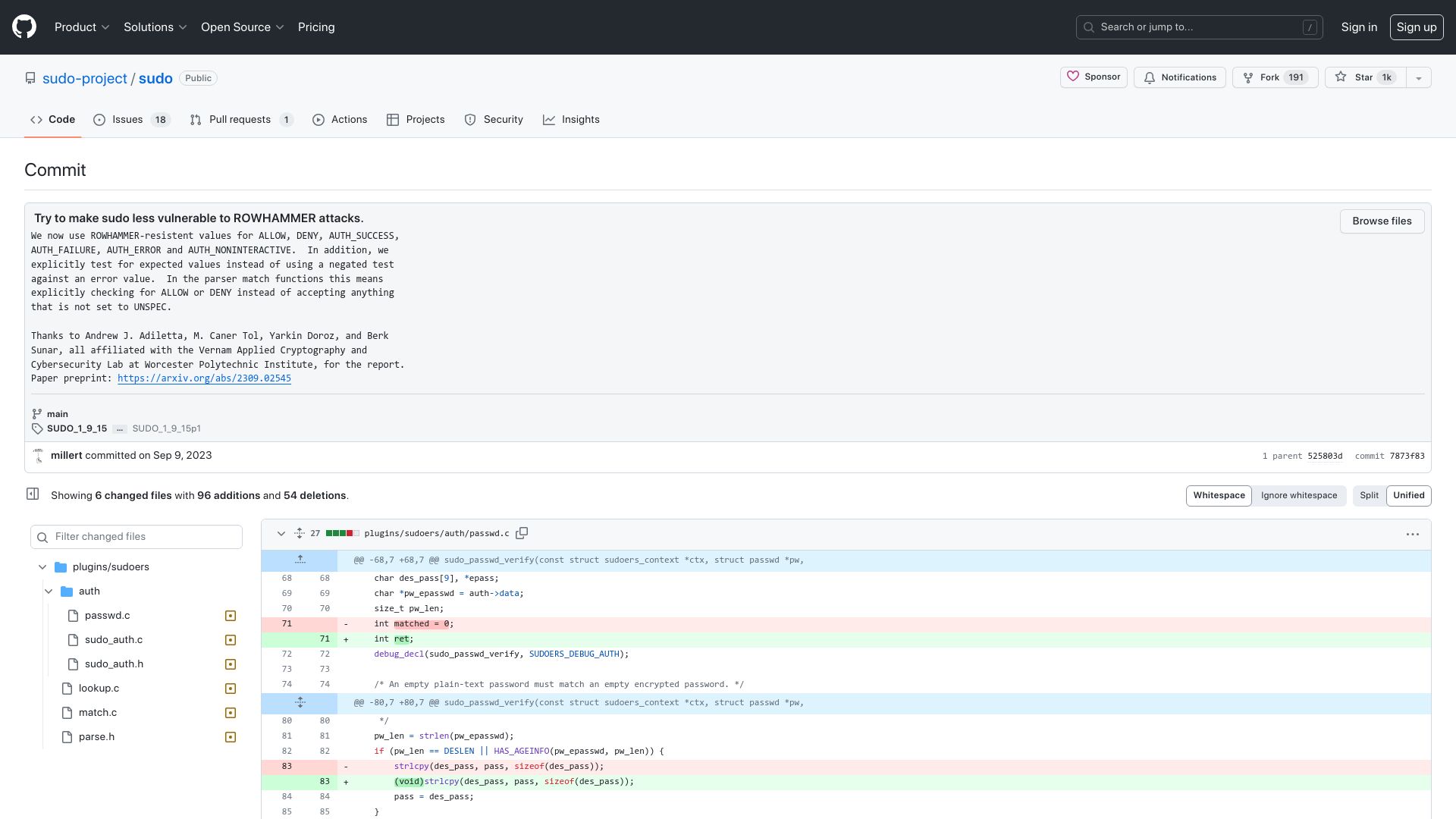 Screenshot of github.com: Try to make sudo less vulnerable to Rowhammer attacks