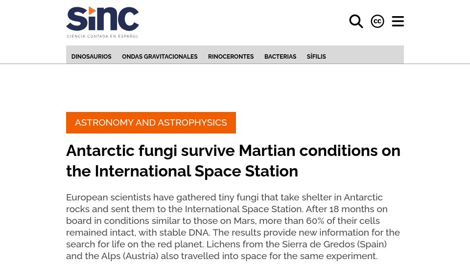 Screenshot of agenciasinc.es: Antarctic fungi survive Martian conditions on the International Space Station