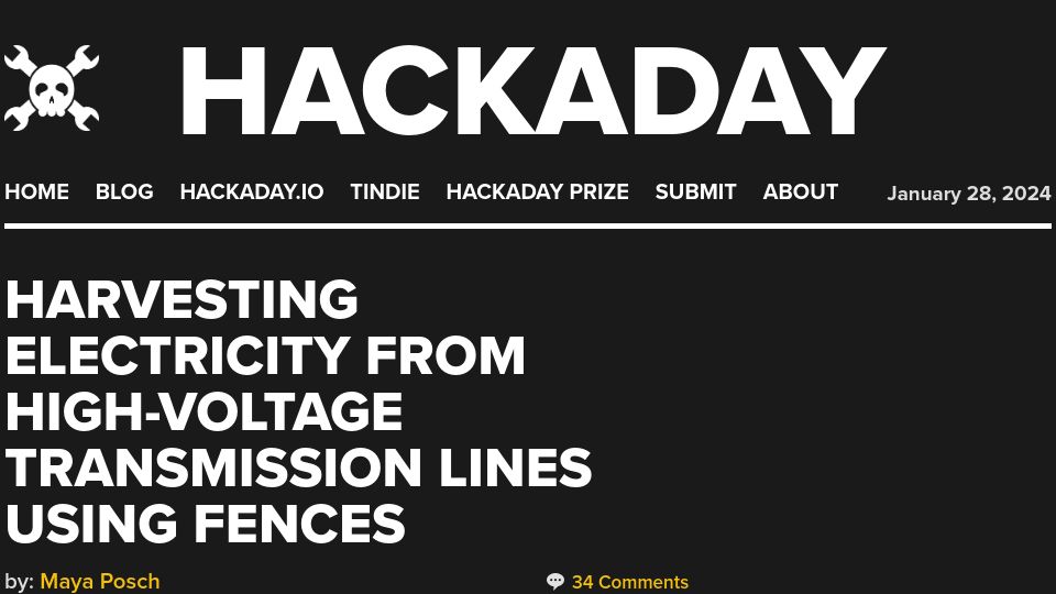 Screenshot of hackaday.com: Harvesting electricity from high-voltage transmission lines using fences