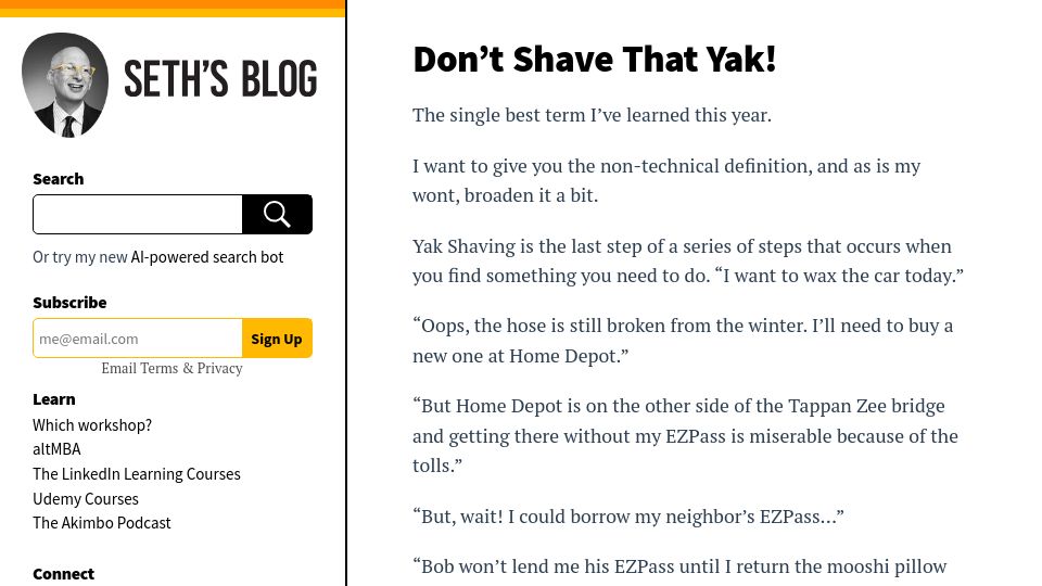 Screenshot of seths.blog: Don't Shave That Yak (2005)