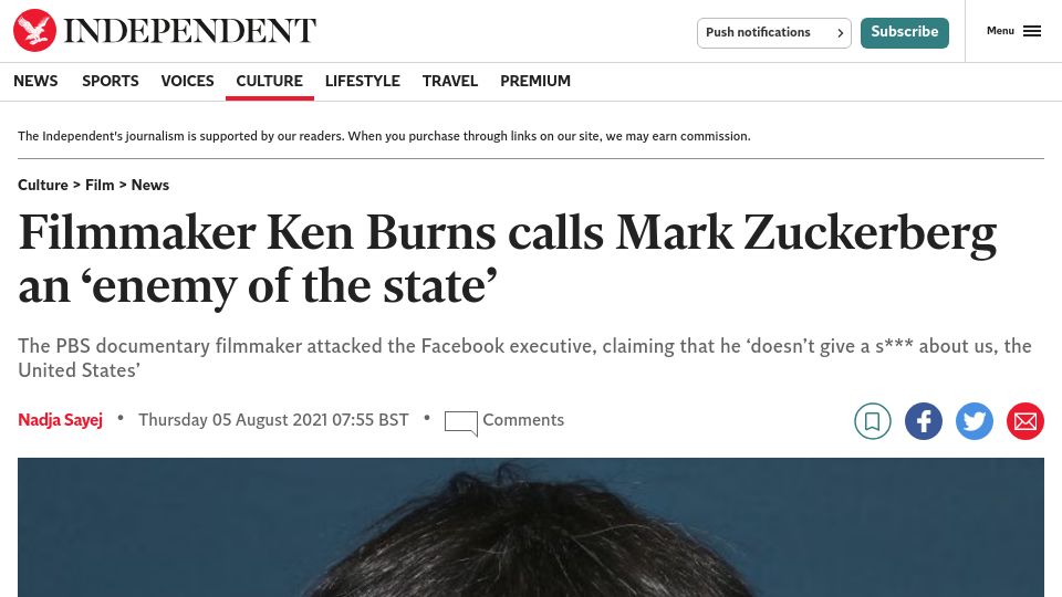 Screenshot of independent.co.uk: Filmmaker Ken Burns calls Mark Zuckerberg an `enemy of the state' (2021)