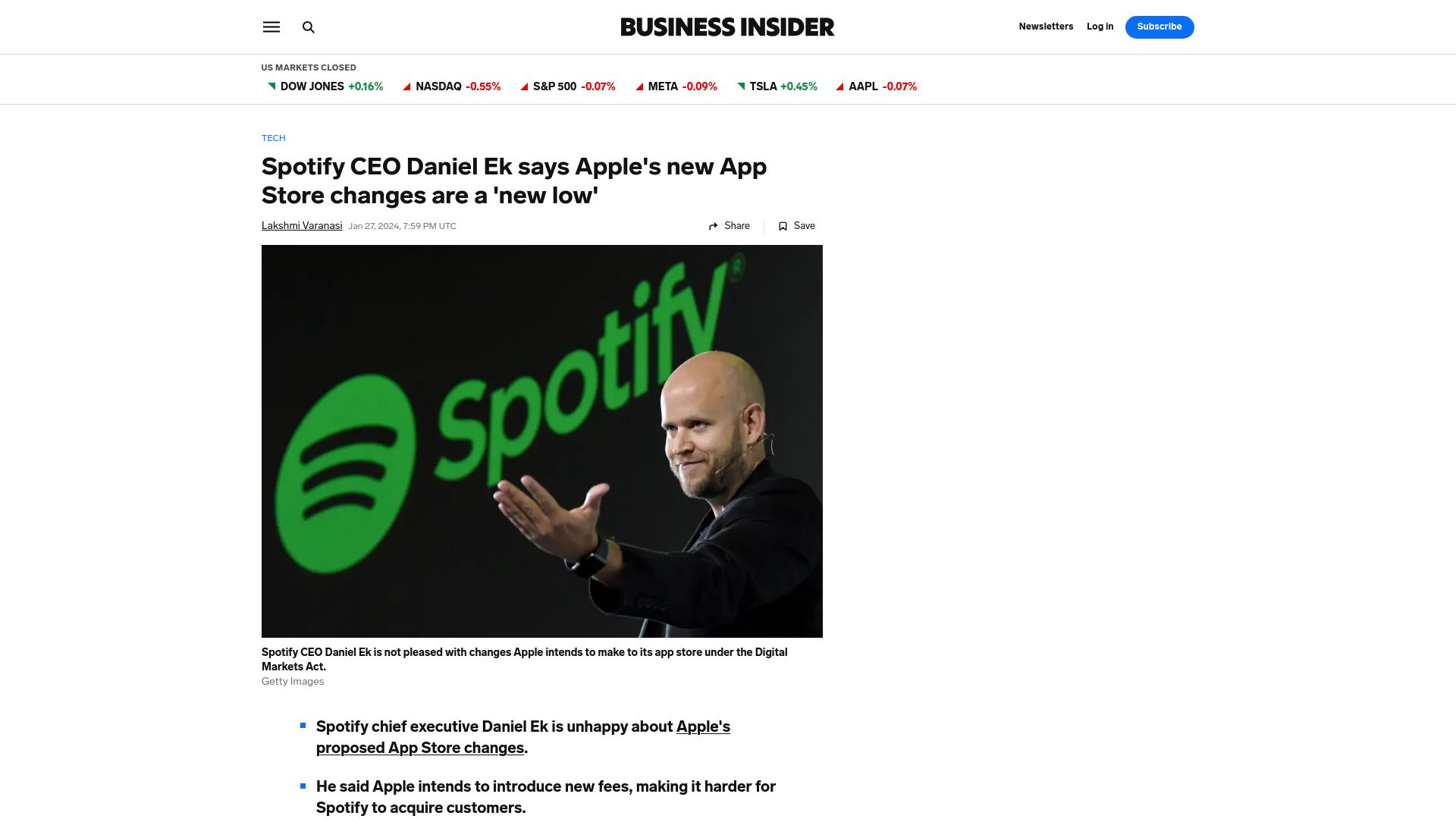 Screenshot of businessinsider.com: Spotify CEO Daniel Ek says Apple's new App Store changes are a 'new low'