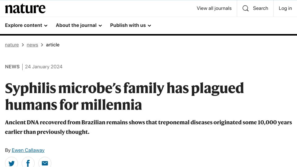 Screenshot of nature.com: Syphilis microbe's family has plagued humans for millennia