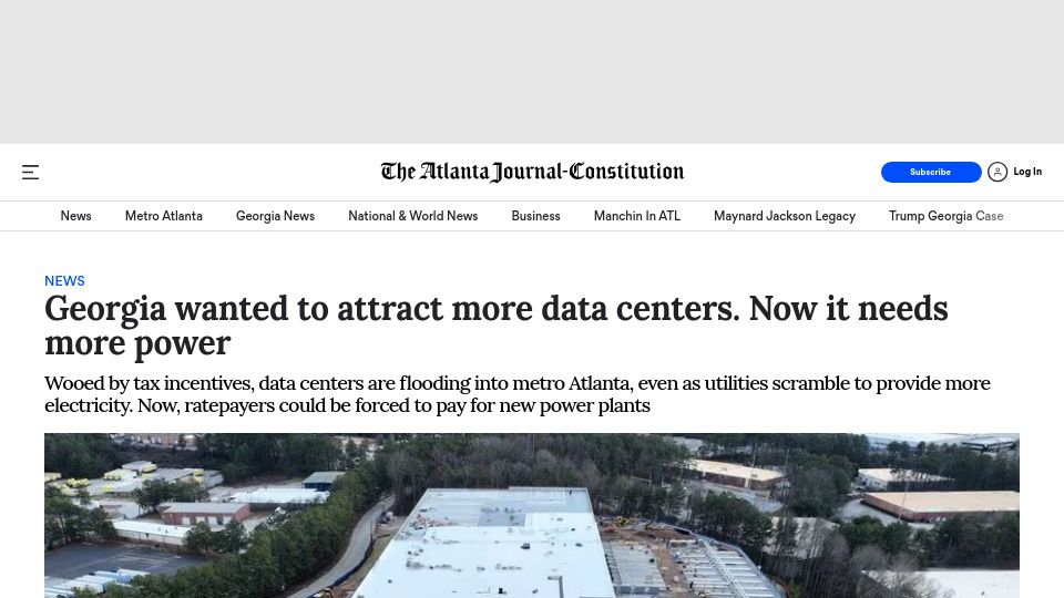 Screenshot of ajc.com: Georgia needs to produce more electric power for data centers