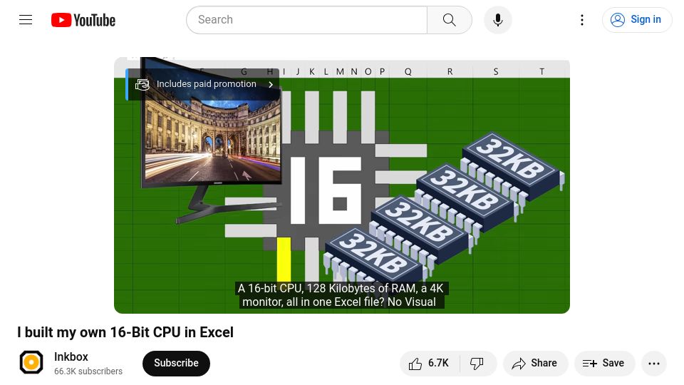 Screenshot of youtube.com: I built my own 16-Bit CPU in Excel [video]