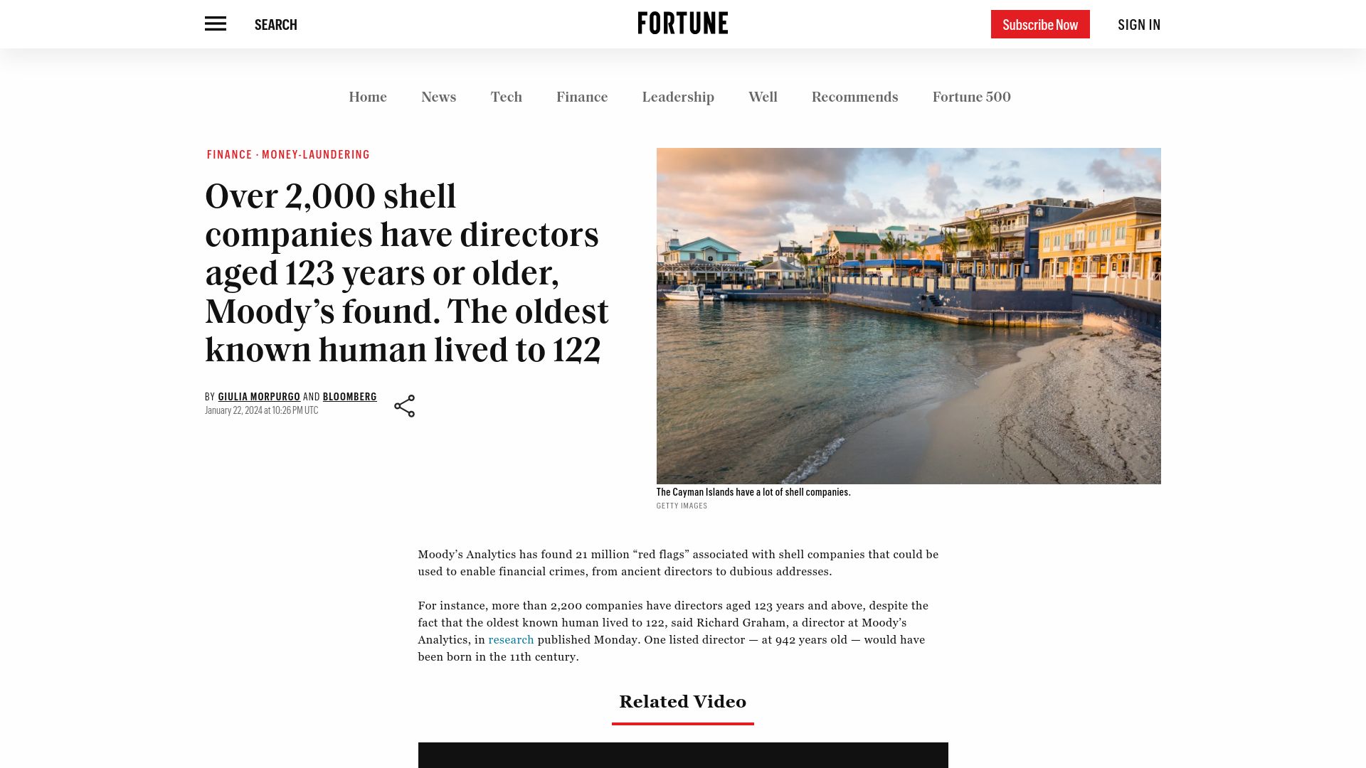 Screenshot of fortune.com: Over 2k shell companies have directors aged 123 years or older