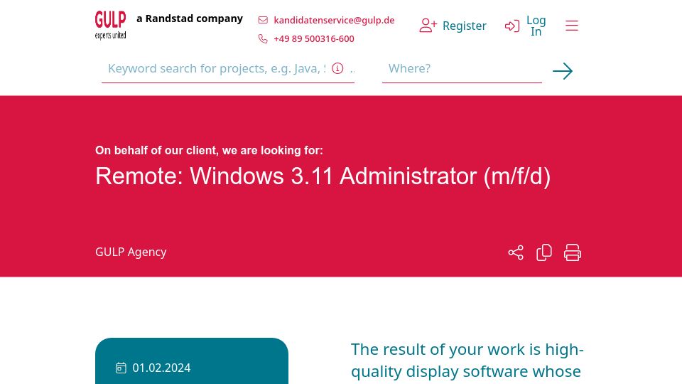 Screenshot of gulp.de: German train company are looking for a Windows 3.11 Administrator