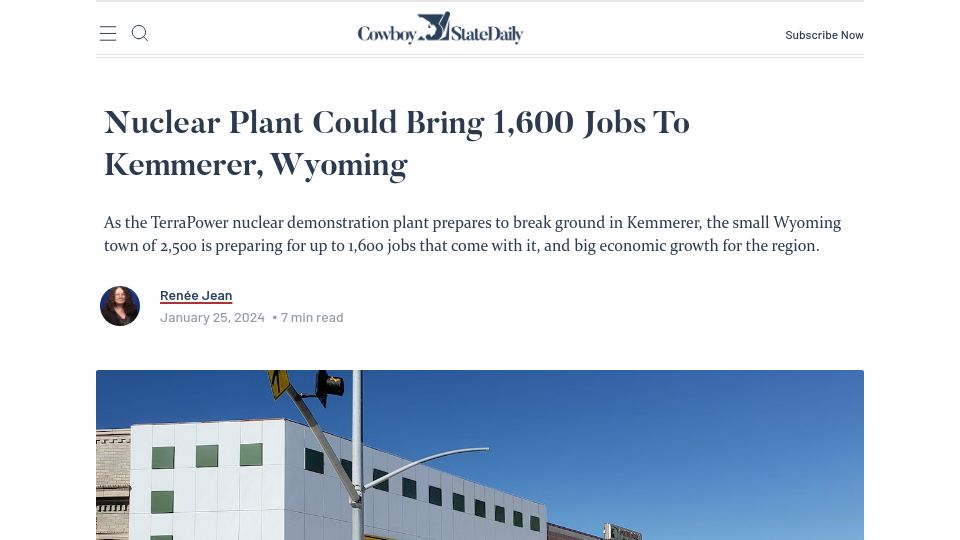 Screenshot of cowboystatedaily.com: Nuclear Plant Could Bring 1,600 Jobs to Kemmerer, Wyoming