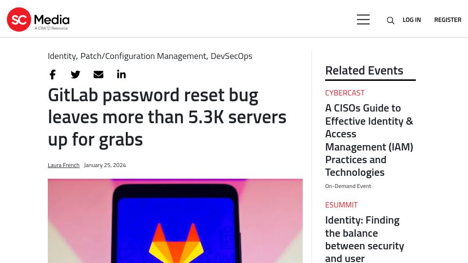Screenshot of scmagazine.com: Gitlab password reset bug leaves more than 5.3K servers up for grabs