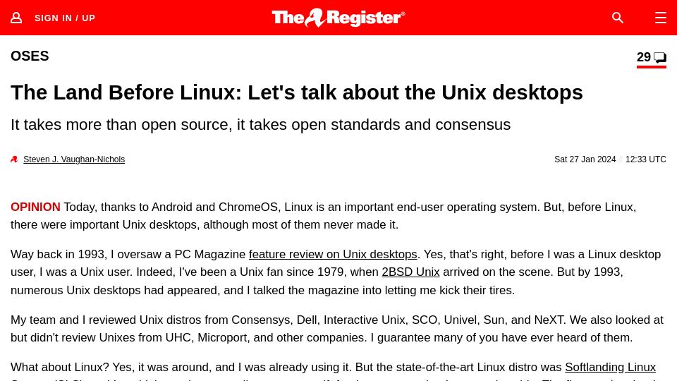 Screenshot of theregister.com: Unix desktops