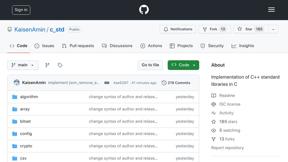 Screenshot of github.com: C_std: Implementation of C++ standard libraries in C