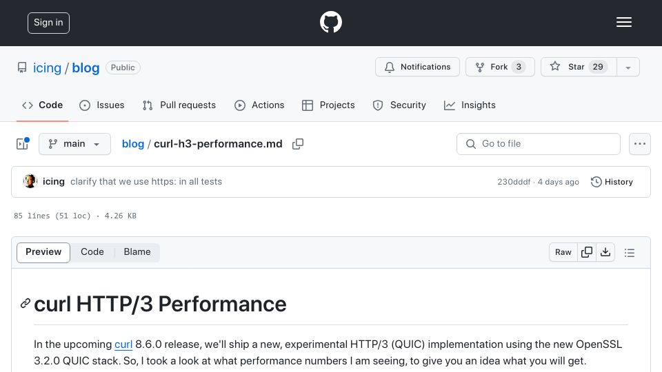 Screenshot of github.com: Curl HTTP/3 Performance