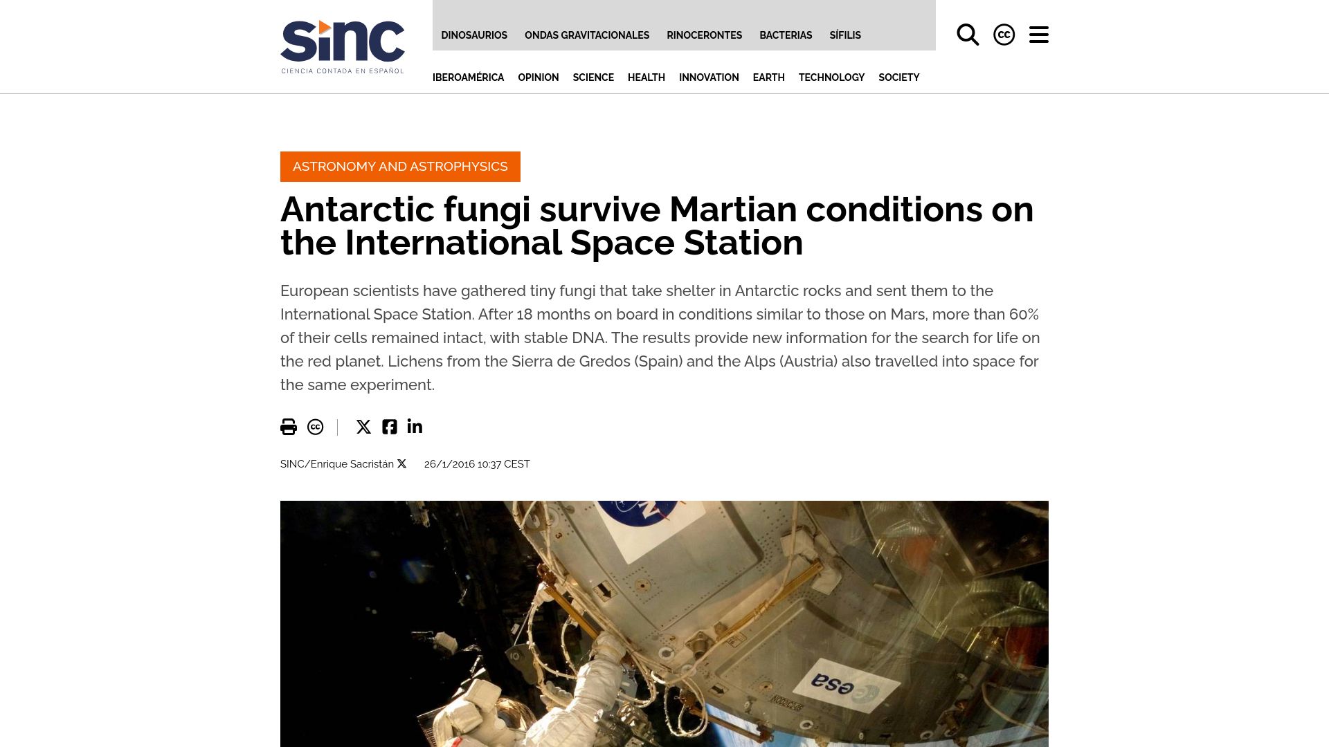 Screenshot of agenciasinc.es: Antarctic fungi survive Martian conditions on the International Space Station