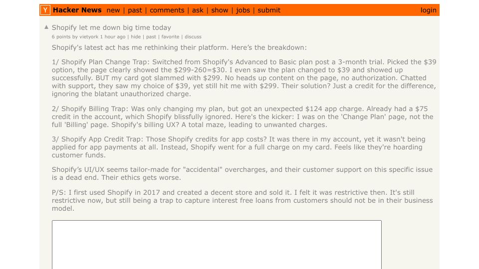 Screenshot of Hacker News post: Shopify let me down big time today