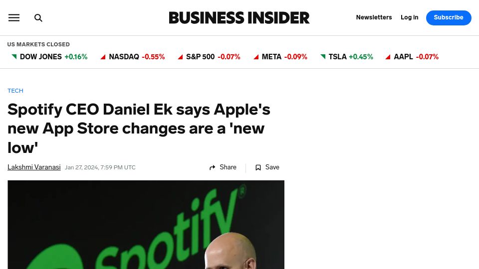 Screenshot of businessinsider.com: Spotify CEO Daniel Ek says Apple's new App Store changes are a 'new low'
