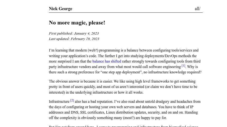 Screenshot of nickgeorge.net: No more magic, please! (2023)