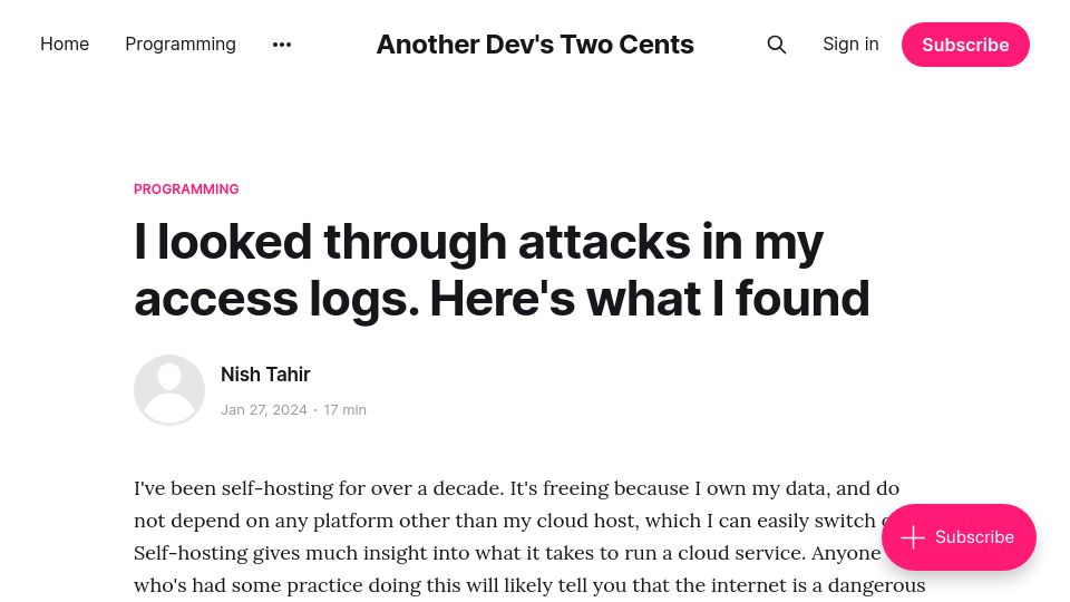 Screenshot of nishtahir.com: I looked through attacks in my access logs