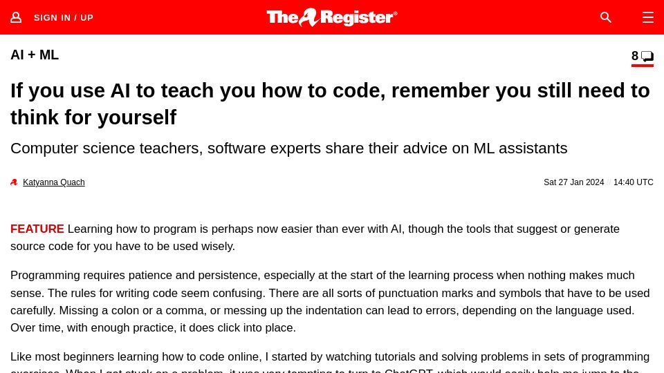 Screenshot of theregister.com: Using AI to teach how to code, remember you still need to think for yourself
