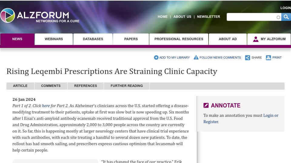 Screenshot of alzforum.org: Rising Leqembi Prescriptions Are Straining Clinic Capacity