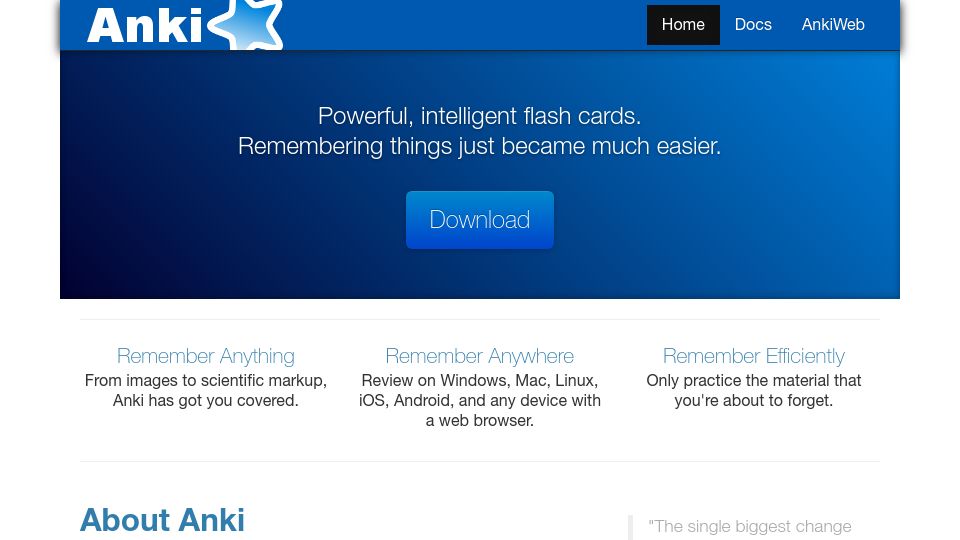 Screenshot of apps.ankiweb.net: Anki – Powerful, intelligent flash cards
