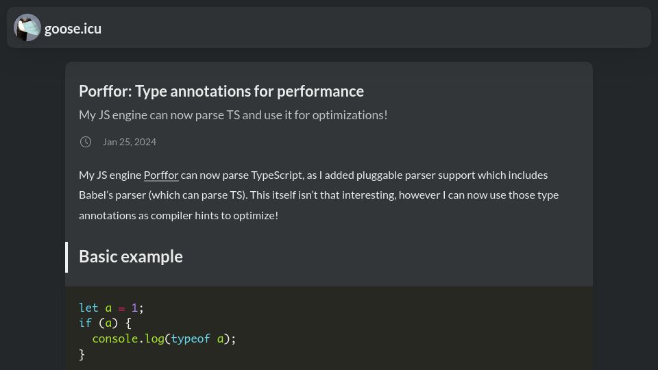 Screenshot of goose.icu: Using TS type annotations for JavaScript engine optimization