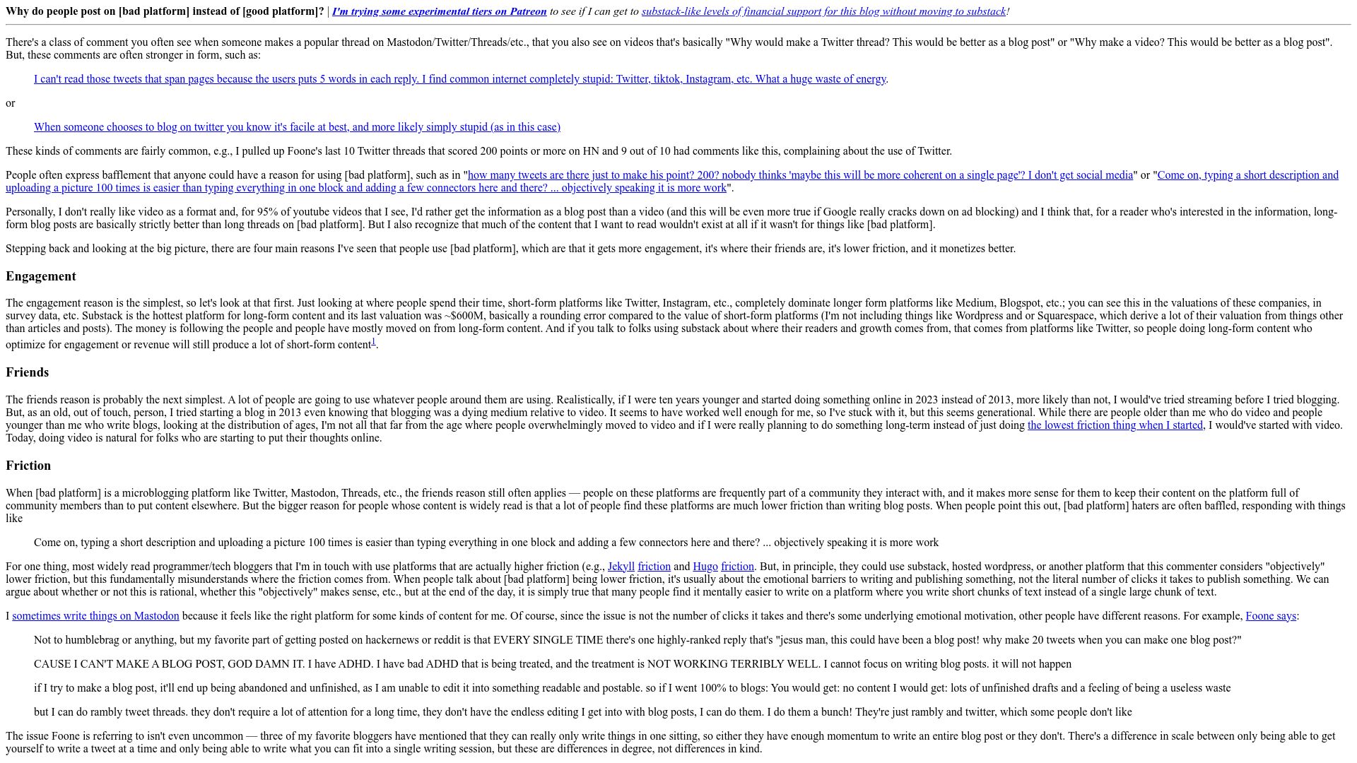 Screenshot of danluu.com: Why good content gets posted on the wrong platform?