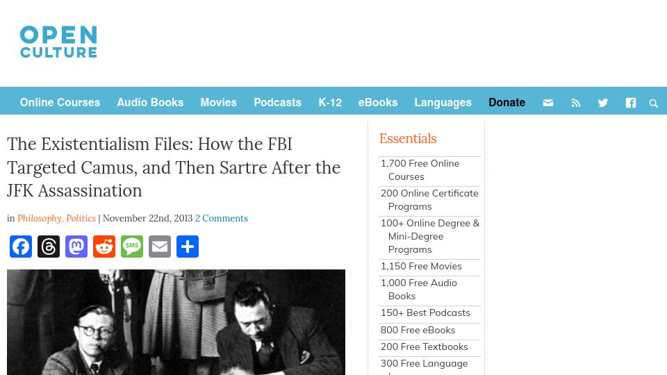 Screenshot of openculture.com: How the FBI targeted Camus, and then Sartre after the JFK assassination (2013)