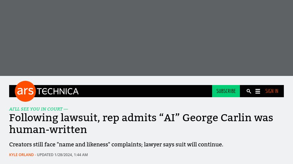Screenshot of arstechnica.com: Following lawsuit, rep admits "AI" George Carlin was human-written