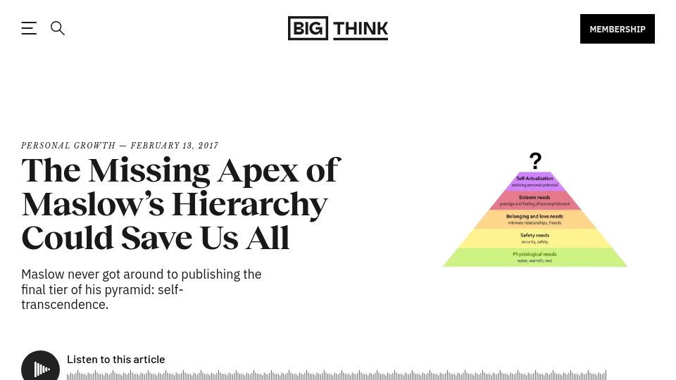 Screenshot of bigthink.com: The missing apex of Maslow's hierarchy: self-transcendence