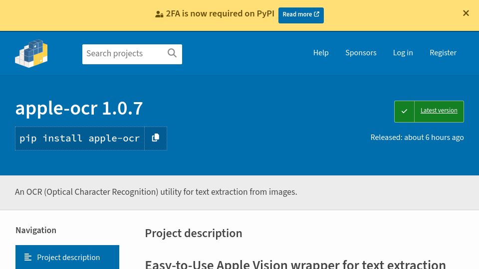 Screenshot of pypi.org: Easy-to-Use Apple Vision wrapper for text extraction and clustering