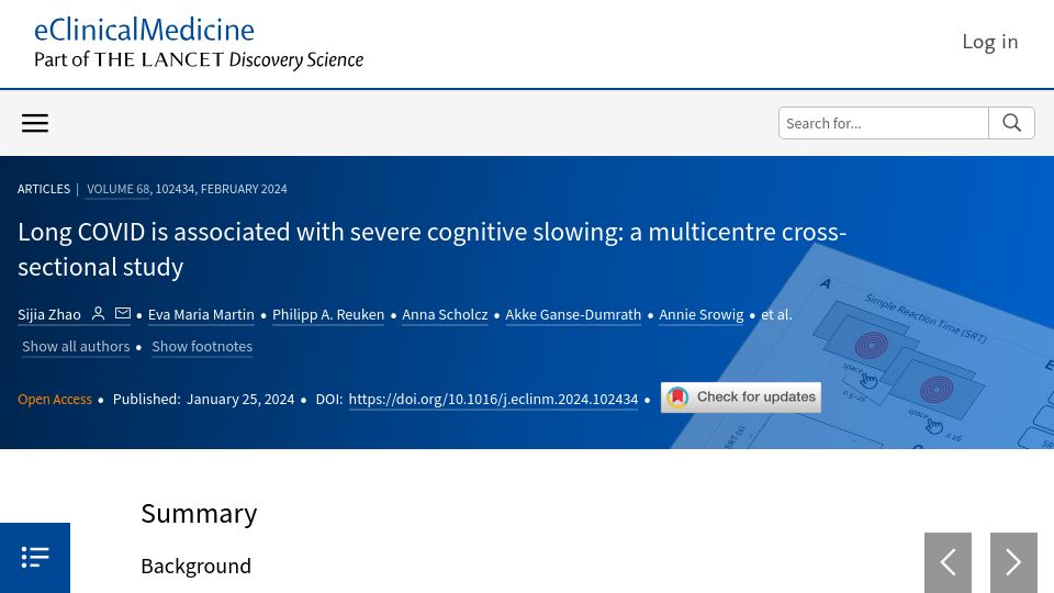 Screenshot of thelancet.com: Long Covid is associated with cognitive slowing