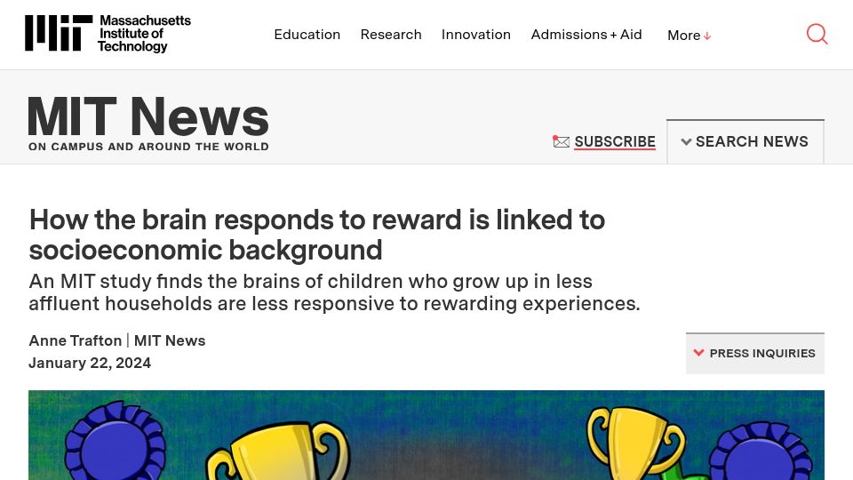 Screenshot of news.mit.edu: How the brain responds to reward is linked to socioeconomic background