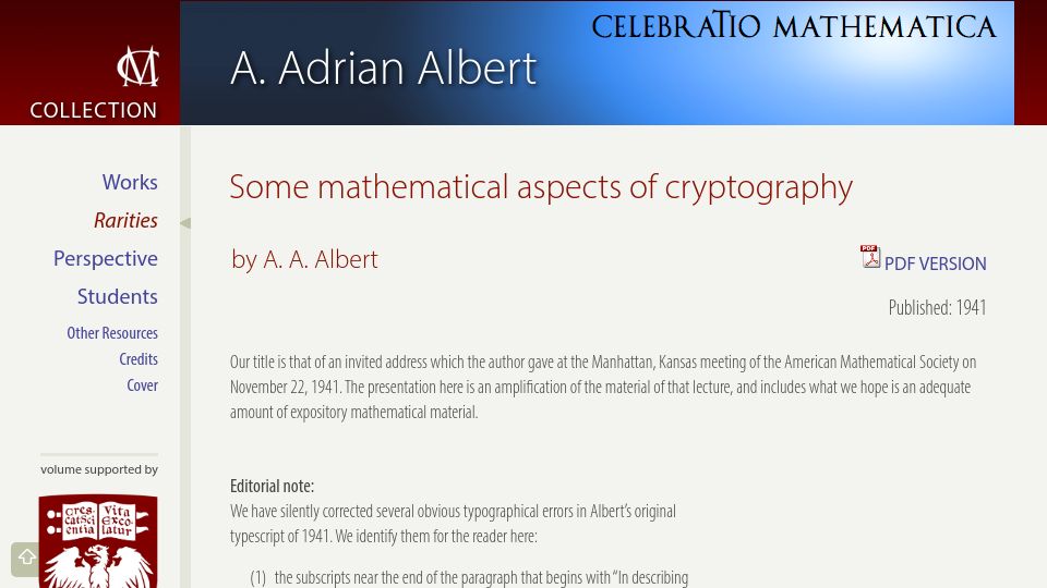Screenshot of celebratio.org: Some mathematical aspects of cryptography (1941)