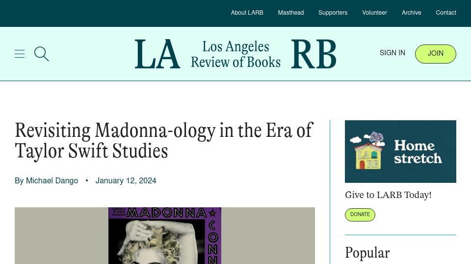 Screenshot of lareviewofbooks.org: Revisting Madonna-Ology in the Era of Taylor Swift Studies