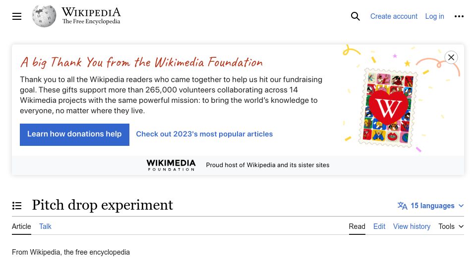 Screenshot of en.wikipedia.org: Pitch Drop Experiment