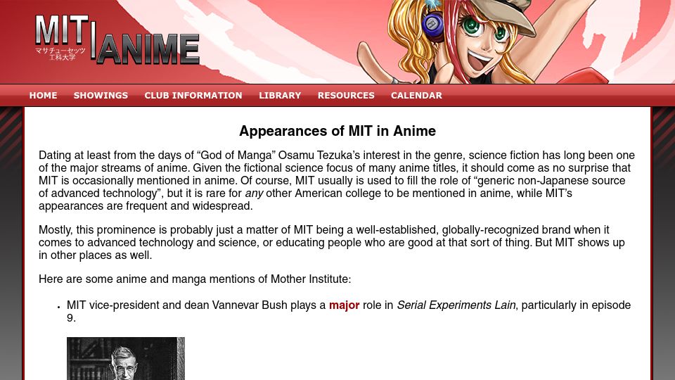 Screenshot of anime.mit.edu: Appearances of MIT in Anime