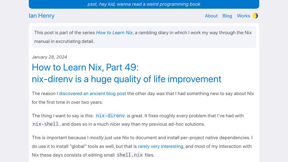 Screenshot of ianthehenry.com: Nix-direnv is a quality of life improvement