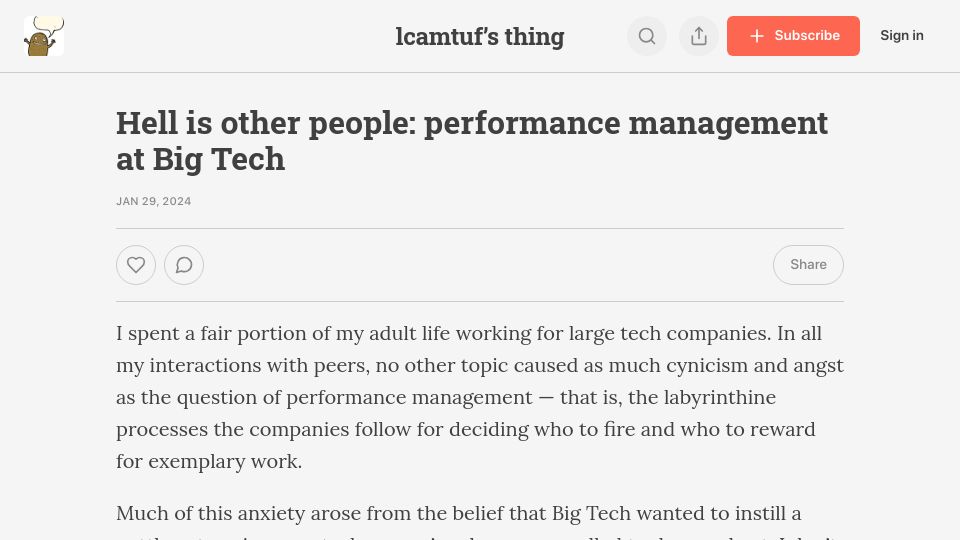 Screenshot of lcamtuf.substack.com: Hell is other people: performance management at Big Tech