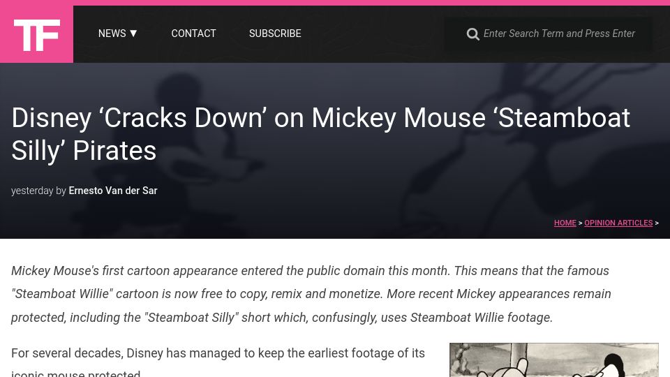 Screenshot of torrentfreak.com: Disney 'Cracks Down' on Mickey Mouse 'Steamboat Silly' Pirates