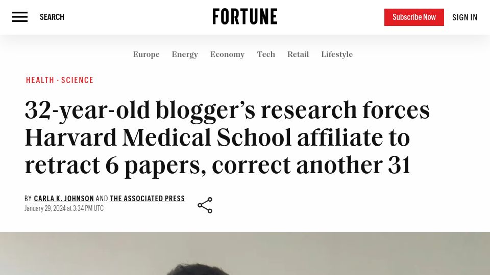 Screenshot of fortune.com: Harvard Medical affiliate retracts, corrects research after sleuthing by blogger