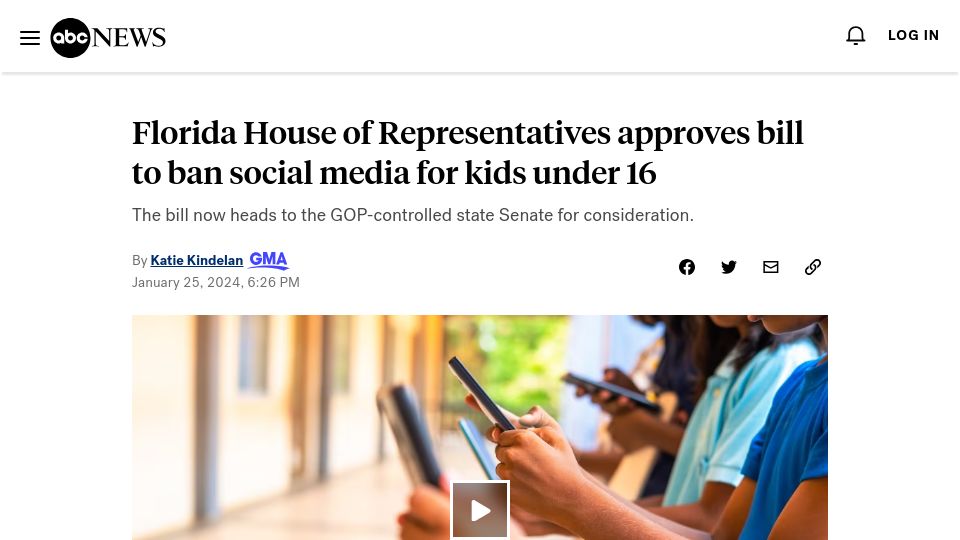 Screenshot of abcnews.go.com: Florida House of Representatives approves bill to ban social media for kids < 16