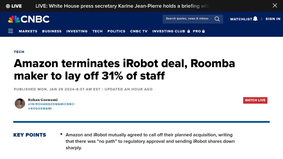 Screenshot of cnbc.com: Amazon and iRobot call off their planned acquisition