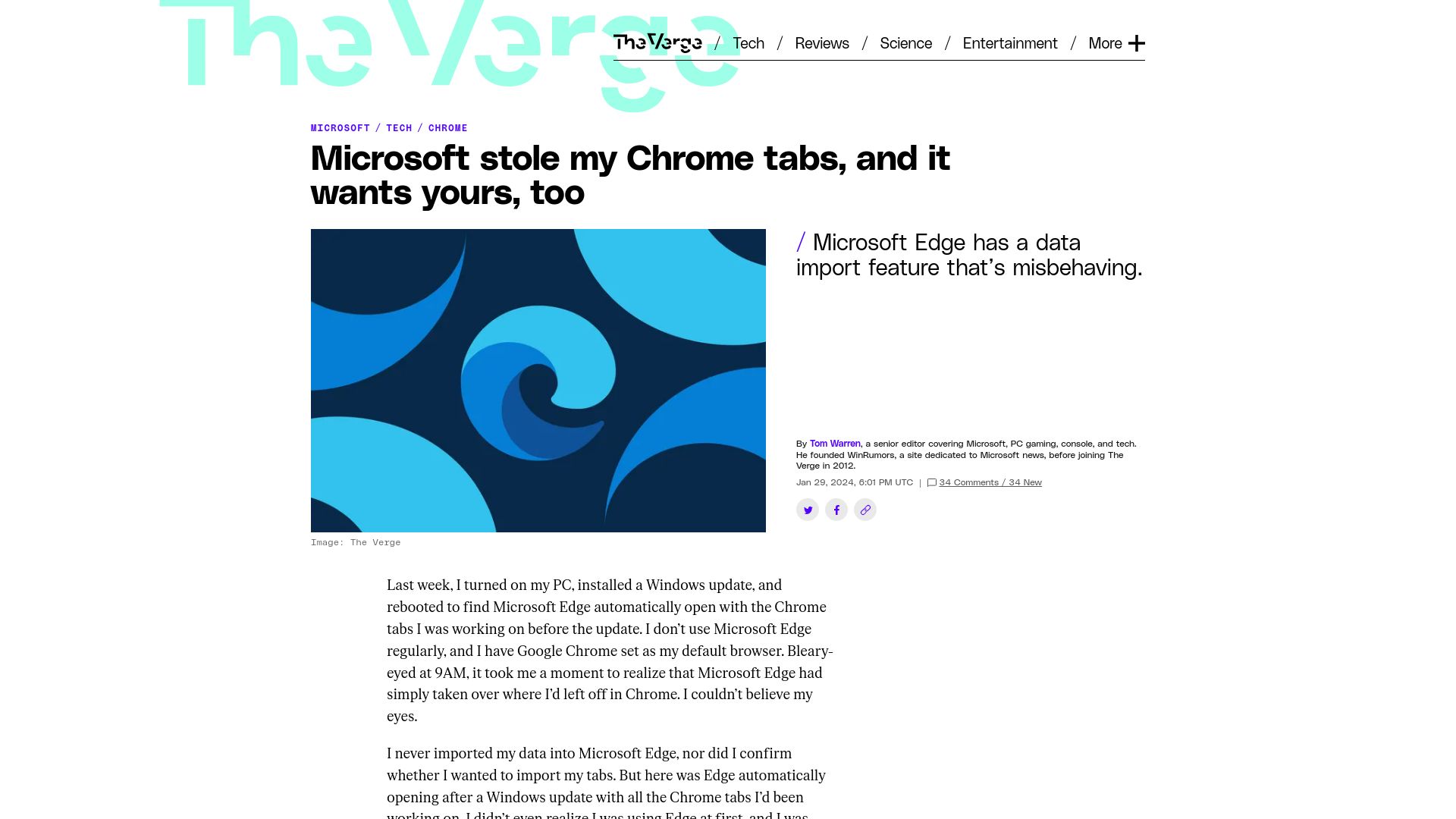 Screenshot of theverge.com: Microsoft stole my Chrome tabs, and it wants yours, too