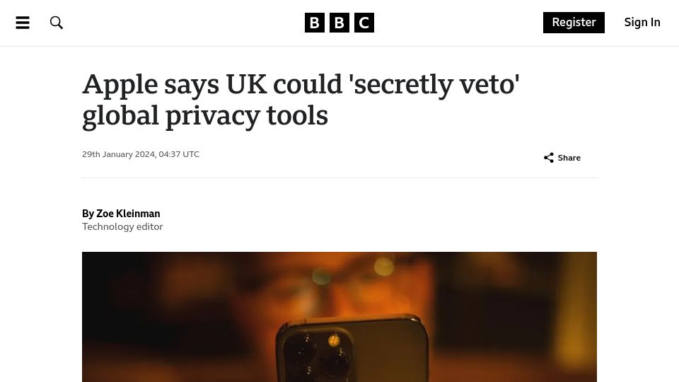 Screenshot of bbc.co.uk: Apple says UK could 'veto' global privacy tools
