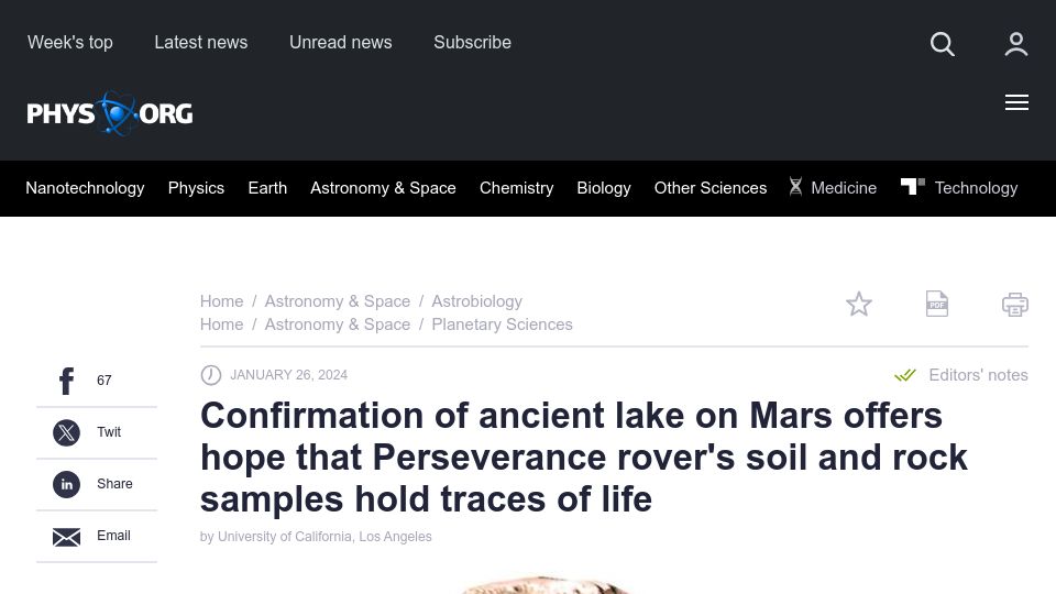 Screenshot of phys.org: Confirmation of ancient lake on Mars