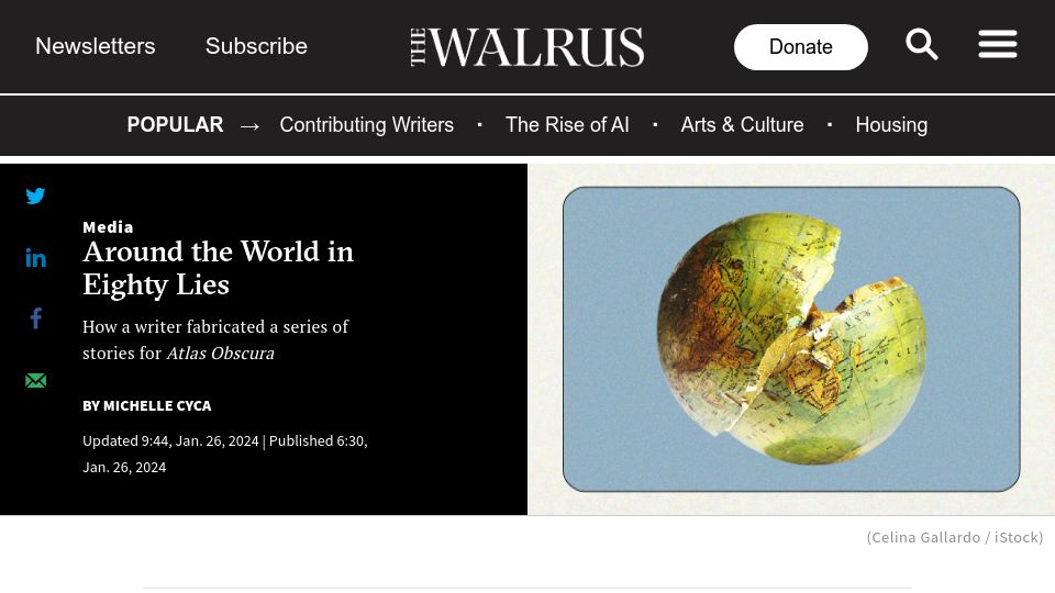 Screenshot of thewalrus.ca: A writer fabricated a series of stories for Atlas Obscura