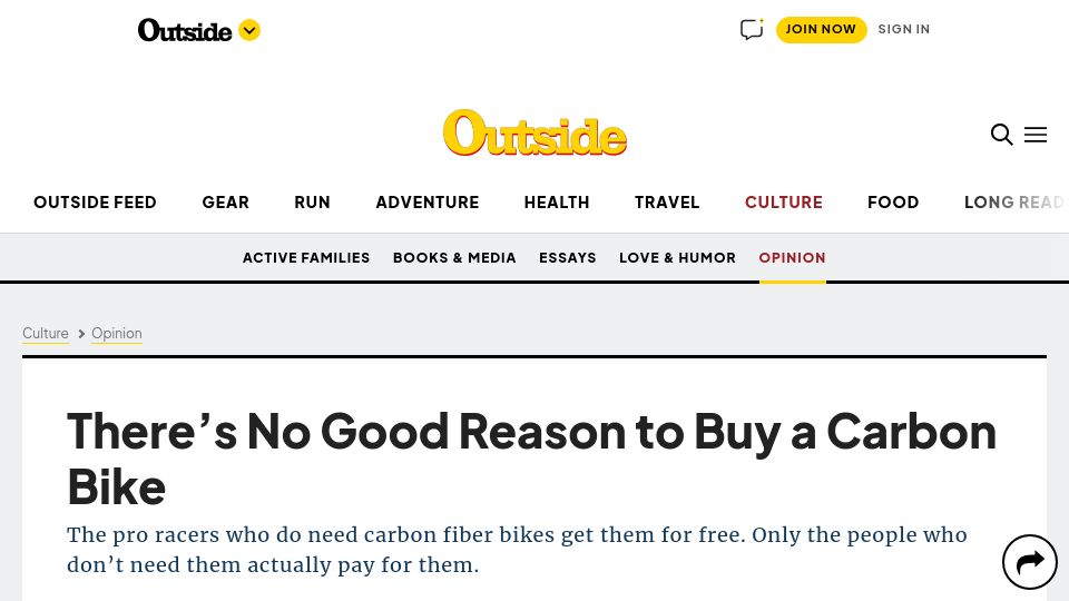 Screenshot of outsideonline.com: There's No Good Reason to Buy a Carbon Bike